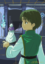  1boy 1girl blue_fire brown_eyes brown_hair closed_mouth commentary_request fire gensou_suikoden highres hooded_robe leknaat luc_(suikoden) robe short_hair syo_jin walking 