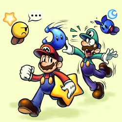  ... 2boys alternate_costume axelorca blue_overalls boots brown_boots brown_hair commentary crescent english_commentary facial_hair gloves green_background green_hat green_shirt hat luigi lunaris_(mario_&amp;_luigi:_stellar_bonds) mario mario_&amp;_luigi:_stellar_bonds mario_&amp;_luigi_rpg multiple_boys mustache open_mouth overalls power_moon red_hat red_shirt shirt short_hair simple_background star_(symbol) starlow super_mario_bros. super_star_(mario) teeth upper_teeth_only white_gloves 