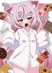  1girl anchor_hair_ornament animal_ears blue_eyes braid candy chocolate chocolate_bar commentary_request cookie doughnut fang fang_out food food_packaging hair_ornament hands_up heart heart-shaped_chocolate heart-shaped_food highres lollipop long_hair long_sleeves looking_at_viewer low_twintails mishio_molf mouth_hold multicolored_hair naked_shirt no_pants pink_hair pocky shirt side_braid simple_background sleeves_past_fingers sleeves_past_wrists smile streaked_hair twintails two-tone_hair varium very_long_hair white_shirt wolf_ears wolf_girl yuu-kun_(inugamikenoy) 