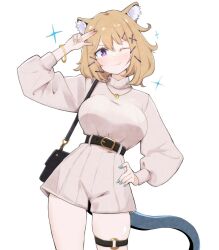  1girl ;) animal_ear_fluff animal_ears arknights arm_up bag bangle belt belt_buckle black_belt blonde_hair blue_nails blush bracelet breasts bright_pupils buckle closed_mouth commentary cowboy_shot fingernails hair_ornament hairclip hand_on_own_hip handbag heka=ton high-waist_shorts highres jewelry light_smile long_sleeves looking_at_viewer medium_breasts nail_polish necklace o-ring o-ring_thigh_strap one_eye_closed salute short_hair shorts simple_background smile solo sparkle standing sweater tail thigh_strap turtleneck turtleneck_sweater utage_(arknights) violet_eyes white_background white_pupils white_shorts white_sweater x_hair_ornament 