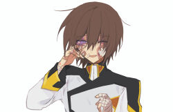  1boy absurdres bandaged_hand bandages bandaid bandaid_on_cheek bandaid_on_face bandaid_on_finger bandaid_on_hand brown_hair bruise bruise_on_face bruised_eye gauze gauze_on_cheek gundam gundam_seed hair_between_eyes highres injury kira_yamato male_focus military_uniform one_eye_closed seed0x0 short_hair simple_background smile solo upper_body violet_eyes white_background 