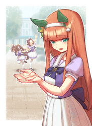  3girls animal_ears blue_eyes blunt_bangs blush bow bowtie braid breasts brown_hair closed_eyes collarbone commentary_request creape domino_mask ear_bow ear_covers el_condor_pasa_(umamusume) eye_mask green_eyes hair_between_eyes hair_ornament hairband half_up_braid highres hime_cut horse_ears horse_girl horse_tail horseshoe_ornament long_hair mask medium_breasts multicolored_hair multiple_girls open_mouth orange_hair outdoors pleated_skirt ponytail posing puffy_short_sleeves puffy_sleeves purple_bow purple_bowtie purple_shirt sailor_collar school_uniform shirt short_hair short_sleeves silence_suzuka_(umamusume) skirt small_breasts smile special_week_(umamusume) tail thigh-highs tracen_school_uniform two-tone_hair umamusume white_hair white_hairband white_skirt white_thighhighs zettai_ryouiki 