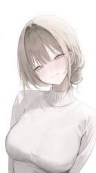  1girl absurdres blonde_hair blush breasts bright_pupils closed_mouth embarrassed eyelashes hair_between_eyes hair_bun head_tilt highres laneigu large_breasts long_hair looking_at_viewer mole mole_under_eye narrowed_eyes original raised_eyebrows single_hair_bun slit_pupils solo sweater turtleneck turtleneck_sweater upper_body very_low_bun white_pupils yellow_eyes yuzu_(laneigu) 