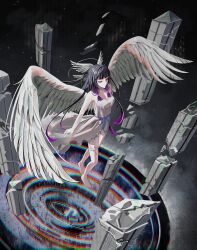  1girl absurdres alternate_costume bare_shoulders barefoot black_hair black_sky broken_pillar closed_eyes closed_mouth columbina_(genshin_impact) commentary dress feathered_wings frilled_dress frills full_body genshin_impact head_wings highres long_hair penngazuki purple_hair sky sleeveless sleeveless_dress solo star_(sky) thigh_strap waist_ribbon white_dress white_wings wings 