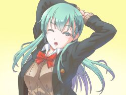  1girl aqua_hair arm_behind_head arms_up blush breasts brown_jacket cardigan gradient_background green_eyes hair_ornament hairclip jacket kantai_collection long_hair looking_at_viewer one_eye_closed open_mouth shirt sir_ichirou solo stretching suzuya_(kancolle) suzuya_kai_ni_(kancolle) upper_body white_shirt yellow_background 
