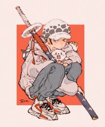  1boy :/ akuta_ji bepo_(one_piece) blue_pants character_doll closed_mouth commentary_request denim doll earrings full_body grey_eyes hat highres hood hood_down hooded_jacket jacket jeans jewelry looking_to_the_side male_focus one_piece open_mouth pants piercing shoelaces shoes sideways_glance sneakers solo squatting sword trafalgar_law weapon 