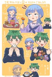  1boy 1girl black_pants blue_eyes brown_eyes burger candy chocolate commentary_request eating food fork french_fries fukumori_mimei gakuran green_hair heart heart-shaped_chocolate heart-shaped_food highres holding holding_food holding_fork holding_plate long_hair long_sleeves mizuo_kurage multiple_views onigiri pants plate purple_hair school_uniform short_hair someone_hertz ss_100010 twitter_username upper_body valentine yellow_background 