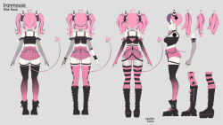  1girl black_gloves black_shirt black_thighhighs closed_mouth demon_girl demon_horns demon_tail english_commentary epebe facing_away fingerless_gloves gloves gradient_gloves gradient_thighhighs highres horns ironmouse ironmouse_(pink_rock) looking_at_viewer medium_hair multicolored_hair official_alternate_costume official_alternate_hairstyle official_art pink_hair purple_streaks purple_thighhighs shirt smile solo streaked_hair striped_clothes striped_thighhighs tail thigh-highs two_side_up violet_eyes virtual_youtuber vshojo 