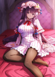  1girl blue_bow bow bowtie breasts brown_pantyhose capelet closed_mouth commentary_request crescent crescent_hat_ornament dress hair_bow hat hat_ornament large_breasts long_sleeves looking_at_viewer mob_cap multiple_hair_bows on_bed pantyhose patchouli_knowledge pink_capelet pink_dress pink_hat purple_hair ram_hachimin red_bow red_bowtie sitting solo striped_clothes striped_dress touhou vertical-striped_clothes vertical-striped_dress violet_eyes 