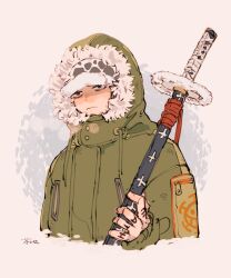  1boy akuta_ji alternate_costume arm_up closed_mouth commentary_request cropped_torso drawstring finger_tattoo frown fur-trimmed_hood fur_trim green_jacket grey_background hat heart_pirates_jolly_roger highres holding holding_sword holding_weapon hood hooded_jacket jacket looking_at_viewer male_focus one_piece sanpaku sleeves_past_wrists solo sword tattoo trafalgar_law weapon white_fur 