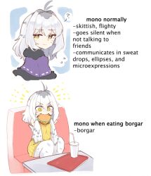  1girl ? ahoge bird_legs blush_stickers booth_seating burger capelet claws commentary cup disposable_cup dress eating english_text fast_food feathered_wings food grey_feathers grey_hair grey_wings holding holding_burger holding_food medium_hair mono_(sifserf) multiple_views original purple_capelet sifserf simple_background sitting sweater sweater_dress white_background winged_arms wings yellow_dress yellow_eyes yellow_sweater 