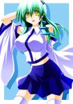 absurdres detached_sleeves engo_(aquawatery) frog green_hair hair_ornament highres kochiya_sanae long_hair navel skirt snake solo touhou yellow_eyes