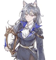  1girl animal_ear_fluff animal_ears arknights ascot black_coat black_hair buttons chinese_commentary closed_mouth coat collared_shirt commentary_request gertrude_strollo_(arknights) hair_between_eyes haishen_miwang_de_jiyi harp holding holding_instrument instrument long_hair long_sleeves pink_eyes shirt simple_background solo unamused white_ascot white_background white_shirt 