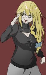  1girl black_sweater blonde_hair braid cleavage_cutout clothing_cutout commentary_request cookie_(touhou) cus_tom_2468 forked_tongue glasses highres jewelry mars_(cookie) necklace red_background side_braid single_braid sweater tongue tongue_out turtleneck turtleneck_sweater yellow_eyes 