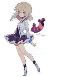  1girl absurdres alternate_color alternate_hairstyle artist_name black_shirt black_socks blazer blonde_hair blue_necktie blue_wrist_cuffs blush boots checkered_clothes checkered_skirt collared_shirt commentary_request creature dated elize_lutus frilled_skirt frilled_sleeves frills full_body green_eyes hair_between_eyes highres jacket knee_blush long_sleeves medium_hair nancykittyu necktie parted_lips shirt simple_background skirt socks solo tales_of_(series) tales_of_xillia tales_of_xillia_2 teepo_(tales) white_background white_jacket wrist_cuffs 