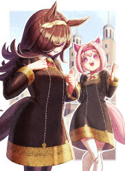  2girls alternate_costume animal_ears black_dress black_thighhighs blush bow brown_hair commentary_request creape cross_tie dress ear_bow ear_covers eden_academy_school_uniform flipped_hair flower-shaped_pupils flower_in_eye hair_over_one_eye hairband haru_urara_(umamusume) headband highres horse_ears horse_girl horse_tail long_hair long_sleeves multiple_girls open_mouth pink_eyes pink_hair pink_headband ponytail red_bow red_headband rice_shower_(umamusume) school_uniform sleeveless sleeveless_dress smile spy_x_family symbol-shaped_pupils symbol_in_eye tail teeth thigh-highs umamusume upper_teeth_only violet_eyes white_hairband white_thighhighs 