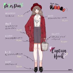  1girl bag black_shoes brown_hair captain_hook character_name coat commentary_request contemporary copyright_name full_body genderswap genderswap_(mtf) hand_in_pocket hat holding holding_bag long_hair looking_at_viewer meecosme nail_polish red_hat shirt shoes socks solo standing walt_disney's_peter_pan 