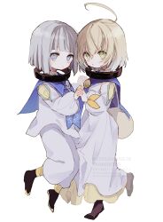  2boys absurdres ahoge backpack bag black_collar black_shoes blonde_hair blue_eyes blue_neckerchief blue_sailor_collar blunt_bangs blush collar full_body green_eyes grey_hair hair_between_eyes highres holding_hands laphicet_(tales) long_sleeves male_focus multiple_boys nancykittyu neckerchief parted_lips robe sailor_collar shoes short_hair silva_(tales) simple_background tales_of_(series) tales_of_berseria white_background white_robe 