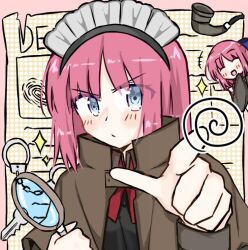  02surume 2girls apron blue_bow blue_eyes blush bow bowtie brainwasher_detective closed_eyes closed_mouth coat detective hair_bow hisui_(tsukihime) holding holding_magnifying_glass japanese_clothes kimono kohaku_(tsukihime) laughing long_sleeves looking_at_viewer magnifying_glass maid maid_headdress multiple_girls open_mouth pointing red_bow red_hair ribbon short_hair siblings sisters solo_focus tsukihime twins 