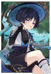  1boy :p akanbe animal_print arm_at_side armor belt bird_print black_belt black_bodysuit black_bow black_bridal_gauntlets black_hair black_shorts blue_cape blue_hat blue_kimono blue_sky blue_sleeves blunt_ends blush bodysuit border bow bridal_gauntlets cape choppy_bangs commentary_request dated ebinu2215 eyelid_pull eyeliner falling_leaves finger_to_eye frown furisode genshin_impact gold hakama hakama_shorts hand_up happy_birthday hat highres index_finger_raised japanese_armor japanese_clothes jingasa juban kimono kote kurokote layered_sleeves leaf leg_warmers looking_at_viewer makeup male_focus motion_blur open_clothes open_kimono outdoors pleated_shorts purple_pupils purple_rope purple_sash red_eyeliner rope sash scaramouche_(genshin_impact) short_sleeves shorts shoulder_peek sitting sky solo tongue tongue_out tree tsurime twitter_username violet_eyes wanderer_(genshin_impact) white_border white_kimono white_leg_warmers white_sleeves 