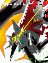  absurdres arm_blade bia_(blue_mach_b) cape commentary_request digimon digimon_(creature) eye_trail from_behind highres horns jesmon light_trail red_cape shoulder_spikes single_horn spikes sword twitter_username weapon white_background yellow_eyes 