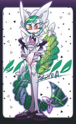  1girl absurdly_long_hair apron artist_name black_dress black_shoes border bow bowtie braid commentary_request dress frown full_body green_hair hair_bow huge_bow lebanne_(pokemon) legs_together long_hair long_sleeves looking_at_viewer pokemon pokemon_legends:_z-a puffy_sleeves purple_border shoes simple_background sizma slit_pupils solo thigh-highs very_long_hair white_apron white_background white_bow white_bowtie white_thighhighs yellow_eyes 