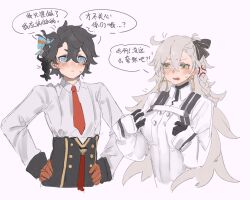  1boy 1girl ahoge black_gloves black_hair blue_eyes blush braid breasts commentary_request cosplay crossdressing crossdressing_(mtf) dress earrings fate/grand_order fate_(series) fujimaru_ritsuka_(female) fujimaru_ritsuka_(female)_(decisive_battle_chaldea_uniform) fujimaru_ritsuka_(female)_(decisive_battle_chaldea_uniform)_(cosplay) fujimaru_ritsuka_(male) gloves grey_hair hair_between_eyes hair_ribbon high-waist_skirt highres jacket jewelry kp3963 large_breasts long_hair long_sleeves necktie olga_marie_animusphere olga_marie_animusphere_(unbeast) olga_marie_animusphere_(unbeast)_(cosplay) open_mouth orange_gloves red_necktie ribbon short_hair side_braid skirt very_long_hair white_dress white_hair white_jacket yellow_eyes 
