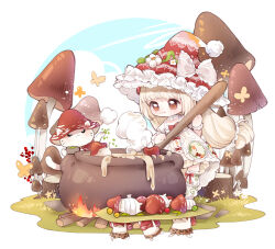  1girl absurdres animal blonde_hair blue_sky border bound bow bow_button bow_legwear bowl bowtie bug butterfly campfire capelet cat cauldron chibi chinese_commentary choker clothed_animal clouds commentary_request cooking cross-laced_clothes cross-laced_dress dress dripping ears_through_headwear floral_print flower frilled_bow frilled_choker frilled_headwear frilled_leg_warmers frilled_wrist_cuffs frills full_body grass hair_ornament hair_scrunchie hat hat_bow hat_flower highres holding holding_bowl holding_spoon human_sacrifice infinity_nikki leg_warmers light_particles long_hair looking_at_food low-tied_long_hair momo_(nikki) mushroom nikki_(series) nuli_de_chengzhi_er official_alternate_costume oversized_object pink_bow plant pom_pom_(clothes) print_dress puffy_short_sleeves puffy_sleeves red_bow red_bowtie red_capelet red_hat scrunchie short_sleeves shroomling_(infinity_nikki) sky spoon square_neckline standing steam stew stirring sweet_waltz_(infinity_nikki) tied_up_(nonsexual) very_long_hair vines whiskers white_border white_cat white_choker white_dress white_flower white_leg_warmers white_scrunchie white_wrist_cuffs witch witch_hat wrist_cuffs yellow_butterfly 
