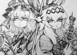  2girls absurdres animal_ears bow chopsticks chronozbergh closed_mouth commentary dress english_commentary food food_in_mouth glutton greyscale hat highres holding holding_chopsticks holding_skewer horse_ears horse_girl looking_at_viewer monochrome multiple_girls oguri_cap_(umamusume) saigyouji_yuyuko sailor_collar school_uniform shirt skewer touhou tracen_school_uniform traditional_media umamusume yakitori 