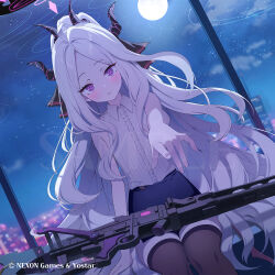  1girl ahoge black_halo black_skirt black_thighhighs blue_archive blue_sky blush breasts commentary_request demon_girl demon_horns dutch_angle full_moon gun halo highres hina_(blue_archive) horns indoors long_hair looking_at_viewer machine_gun mg42 moon night official_art rangu sitting skirt sky small_breasts solo star_(sky) starry_sky thigh-highs very_long_hair violet_eyes weapon white_hair 