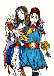  2girls adapted_costume barbara_(dq6) blonde_hair blue_dress book bracelet cellphone corset cowboy_shot dragon_quest dragon_quest_vi dress earrings eyebrow_piercing eyewear_on_head face_piercing frilled_gloves frills gloves green_eyes high_ponytail highres holding holding_book holding_phone holding_whip jewelry long_hair looking_at_viewer majoccom mireyu multiple_girls open_book orange_hair ornate_clothes pants phone piercing ponytail short_dress short_sleeves smartphone smile taking_picture violet_eyes white_pants yellow_gloves 