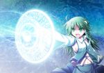  absurdres breasts detached_sleeves frog green_eyes green_hair hair_ornament highres japanese_clothes kochiya_sanae long_hair magic_circle miko navel open_mouth outstretched_arm shouting sideboob snake solo taiga_(natsu_hotaru) touhou 