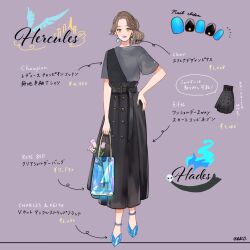  1girl ancient_greek_clothes brown_hair commentary_request contemporary dress eyeshadow fashion full_body genderswap greco-roman_clothes hades_(disney) hercules_(1997_movie) looking_at_viewer makeup meecosme short_hair simple_background smile 