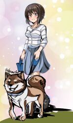  1girl abimaru_gup absurdres animal baby_animal bag black_shoes blue_skirt blush breasts brown_eyes brown_hair casual commentary_request dog girls_und_panzer highres holding holding_bag large_breasts long_skirt long_sleeves looking_at_viewer nishizumi_family_dog nishizumi_maho open_mouth puppy shiba_inu shirt shoes short_hair simple_background skirt smile striped_clothes twitter_username 