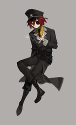  1boy anonymous1203 belt black_belt black_boots black_hat black_jacket black_necktie black_pants boots cigarette collared_shirt epic_battle_fantasy expressionless eyepatch full_body grey_background hat hat_ornament highres holding holding_cigarette jacket lance_(epic_battle_fantasy) male_focus military_uniform necktie pants red_eyes red_hair shirt short_hair simple_background skull_hat_ornament yellow_shirt 