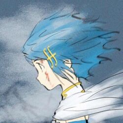  1girl blood blood_on_face blue_eyes blue_hair blurry blurry_background cape grey_background hair_ornament magia_record:_mahou_shoujo_madoka_magica_gaiden magical_girl mahou_shoujo_madoka_magica miki_sayaka miki_sayaka_(magical_girl) musical_note musical_note_hair_ornament official_art serious short_hair solo taniguchi_jun'ichirou 