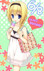  1girl :p alternate_costume alternate_hairstyle bag black_hairband blonde_hair blue_eyes braid breasts chitose_sana collarbone commentary_request cowboy_shot dated dated_commentary dress floral_print food frilled_dress frills green_background hair_between_eyes hair_intakes hairband hands_up happy_birthday heart holding holding_food holding_ice_cream holding_ice_cream_cone ice_cream ice_cream_cone light_blush long_hair looking_at_viewer muririn official_artist_extra polka_dot polka_dot_background print_bag shopping_bag simple_background single_braid sleeveless sleeveless_dress small_breasts solo sundress tenshinranman tongue tongue_out white_dress 
