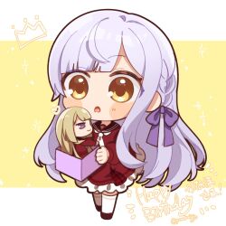  1girl assault_lily blunt_bangs blush box braid brown_sailor_collar brown_shoes character_doll character_name chibi commentary_request doll frilled_skirt frills full_body grey_hair hair_ribbon hand_up heart highres holding holding_box kon_kanaho letterboxed long_hair looking_at_object miniskirt miyagawa_takane necktie open_box open_mouth ponokaijo purple_ribbon red_shirt red_skirt ribbon sailor_collar school_uniform serafuku shirt shoes side_braid skirt solo sparkle standing thigh-highs twitter_username very_long_hair white_necktie white_thighhighs yellow_background yellow_eyes 