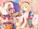  candy charlotte_(madoka_magica) dessert desserts doughnut drill_hair food fork from_behind fruit gyoe hat long_hair magical_girl mahou_shoujo_madoka_magica oversized_object pastry sitting smile spoon strawberry sweets thighhighs tomoe_mami twintails yellow_eyes 