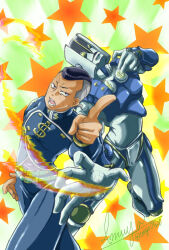  2boys artist_name belt black_eyes black_hair commentary diamond_wa_kudakenai dollar_sign facial_mark gakuran grey_hair hair_slicked_back highres jojo_no_kimyou_na_bouken knee_armor long_sleeves multicolored_hair multiple_belts multiple_boys nijimura_okuyasu no_pupils open_mouth pointing school_uniform shoulder_spikes signature spikes stand_(jojo) star_(symbol) swiping teeth the_hand_(stand) toryo0420 two-tone_hair yellow_eyes yen_sign 