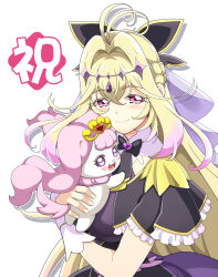 1girl animal antenna_hair black_bow black_capelet black_dress blonde_hair bow braid brooch capelet closed_mouth commentary cure_arcana_shadow diamond_hairband dog dot_nose dress fingernails frilled_capelet frills gem go!_princess_precure gradient_hair hair_bow hair_intakes heart heart_brooch highres holding holding_animal holding_dog in-franchise_crossover jewelry kohsaka_jun magical_girl meitantei_precure! moria_luluka multicolored_hair pink_hair precure puff_(go!_princess_precure) purple_gem purple_veil smile split_mouth touyama_nao translated upper_body veil violet_eyes voice_actor_connection white_background white_wrist_cuffs wrist_cuffs 