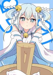  1girl absurdres alternate_costume bare_shoulders bell blue_eyes blue_hair bow breasts closed_mouth commentary_request detached_sleeves einschildnein expressionless furisode hair_bell hair_between_eyes hair_ornament hair_ribbon hatsumoude highres hitting holding japanese_clothes kimono light_blush long_hair new_year nontraditional_miko ongeki pom_pom_(clothes) ribbon sidelocks simple_background skirt small_breasts solo standing suzushima_arisu twintails v-shaped_eyebrows watermark wide_sleeves 