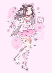  1girl absurdres animal_ear_hairband animal_ears arm_warmers blush_stickers boots bow brown_hair cat_ear_hairband cat_ears cat_tail closed_mouth commentary dosukoi_(nagihoko) dress earrings fake_animal_ears frilled_skirt frills full_body grey_arm_warmers hairband hand_up heart heart_earrings heart_o-ring high_heel_boots high_heels highres index_finger_raised jewelry knee_boots long_hair looking_at_viewer o-ring o-ring_thigh_strap one_eye_closed original outline parted_bangs pink_background pink_boots pink_bow pink_dress pink_eyes pink_skirt short_dress skirt sleeveless sleeveless_dress solo sparkle standing standing_on_one_leg symbol-only_commentary tail tail_bow tail_ornament thigh_strap white_outline 