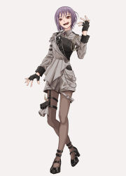  1girl bang_dream! bang_dream!_it's_mygo!!!!! black_gloves black_pantyhose black_shoes commentary_request earrings fingerless_gloves flower_stand_art full_body gloves grey_jacket grey_shorts highres ishinomaki_rokorou jacket jewelry licking_lips long_sleeves open_mouth pantyhose pantyhose_under_shorts pink_eyes purple_hair shoes shorts simple_background single_earring solo teeth thigh_strap tongue tongue_out white_background yuutenji_nyamu 