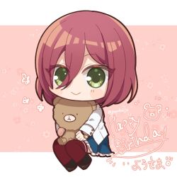  1girl :> assault_lily black_shoes blue_skirt blush character_name chibi closed_mouth commentary_request doll floral_background frilled_skirt frills green_eyes hair_between_eyes happy_birthday hatsukano_yo herensuge_girls_academy_school_uniform holding holding_doll invisible_chair jacket letterboxed long_bangs long_sleeves looking_at_viewer medium_hair miniskirt outside_border pink_background ponokaijo red_hair red_shirt school_uniform shirt shoes sitting skirt solo stuffed_animal stuffed_toy teddy_bear twitter_username white_jacket wristband 