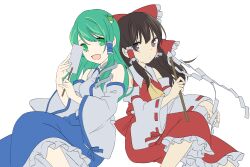  2girls absurdres ascot blue_skirt bow breasts brown_eyes brown_hair commentary_request detached_sleeves frilled_bow frilled_hair_tubes frilled_skirt frills frog_hair_ornament gohei green_eyes green_hair hair_bow hair_ornament hair_tubes hakurei_reimu highres holding holding_gohei kochiya_sanae long_hair looking_at_viewer medium_breasts multiple_girls open_mouth red_bow red_skirt ribbon-trimmed_sleeves ribbon_trim simple_background single_hair_tube skirt skirt_set smile snake_hair_ornament touhou tsuno_no_hito white_background yellow_ascot 