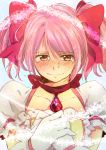  amulet blush bow choker face gloves hair_bow hands_clasped hino_(gonta523) kaname_madoka magical_girl mahou_shoujo_madoka_magica pink_eyes pink_hair puffy_sleeves sad_smile short_twintails smile solo tears twintails 