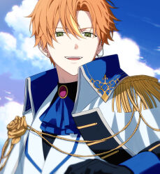  1boy ascot blonde_hair clouds curtained_hair ear_chain earrings epaulettes flower green_eyes high_collar highres jewelry kaitou_shinshi_no_harahara!?_white_day_(project_sekai) linked_piercing male_focus multicolored_hair official_alternate_costume official_alternate_hairstyle open_mouth orange_hair outdoors piercing project_sekai ray_(lthenray) rose shinonome_akito short_hair sky smile solo streaked_hair stud_earrings teeth two-tone_hair upper_body upper_teeth_only 