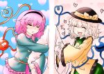  absurdres arm_hug artist_self-insert bad_id blue_background blush closed_eyes color eyeball eyes_closed heart heart_of_string highres komeiji_koishi komeiji_satori multiple_girls niyang53 open_mouth pink_background siblings sisters smile squeeze third_eye touhou 