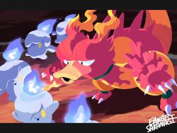  absurdres blue_fire breath_weapon breathing_fire candle claws closed_mouth fiery_hair fire highres horns litwick magmar open_mouth pokemon pokemon_(creature) pokemon_focus sakanagi_(a_r_co) smile tail yellow_eyes 